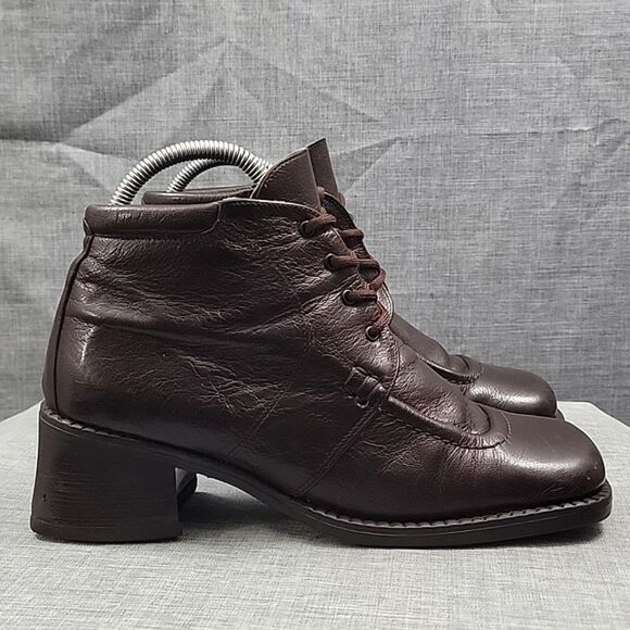 NaNa VTG Brown Leather Granny Ankle Boots Block Heel lace-up SZ 39 - Picture 4 of 12